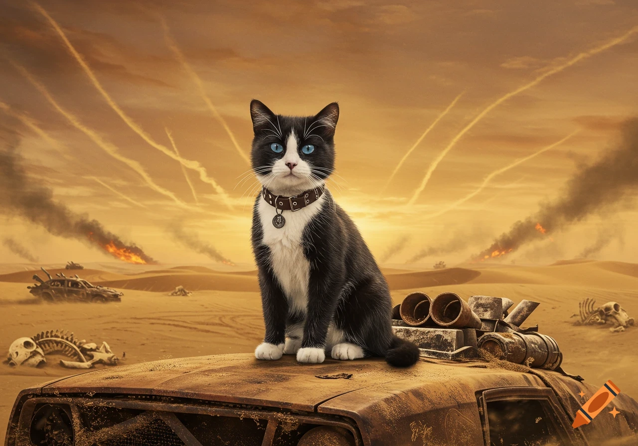 A black and white cat with blue eyes sits on a rusty car in a post-apocalyptic desert with burning wreckage under an orange sky.