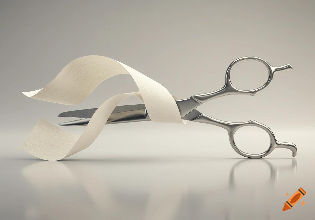 Photorealistic image of silver scissors cutting a wavy piece of light-colored paper.