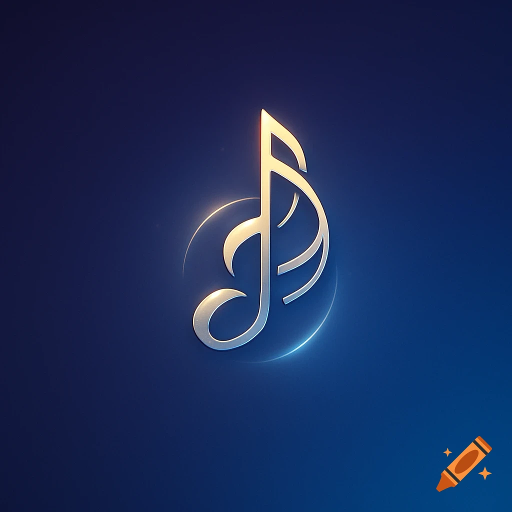 A metallic silver and gold stylized musical note logo with glowing rings on a dark blue background.
