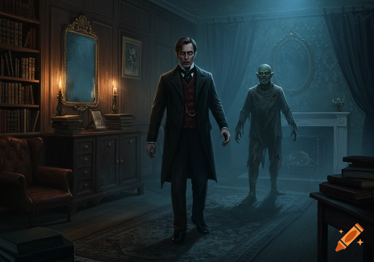 A detailed, dark illustration of a vampire-like man resembling Abraham Lincoln and a ghoulish creature standing in a gothic library.