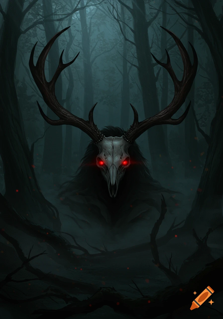 A dark fantasy art piece depicting a skull-faced creature with large antlers and glowing red eyes in a misty, dark forest.