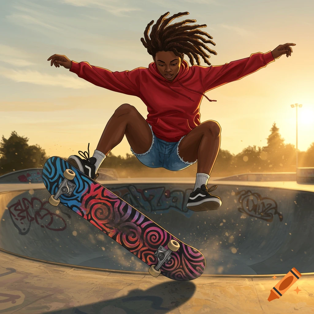 An illustrated Black female skateboarder with dreadlocks jumps over her board in a skatepark at sunset.