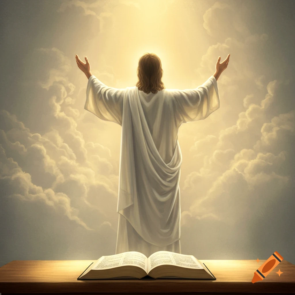 Jesus stands with arms raised towards a divine light in the sky, an open Bible rests on a table in the foreground. Religious, spiritual art style.
