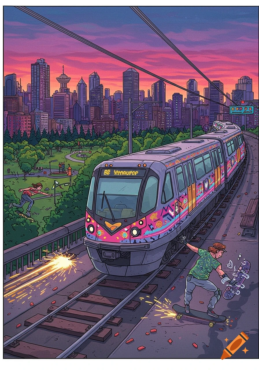80s skater-style cartoon: a colorful Vancouver Skytrain passes a city park and skyline at sunset, with skateboarders.