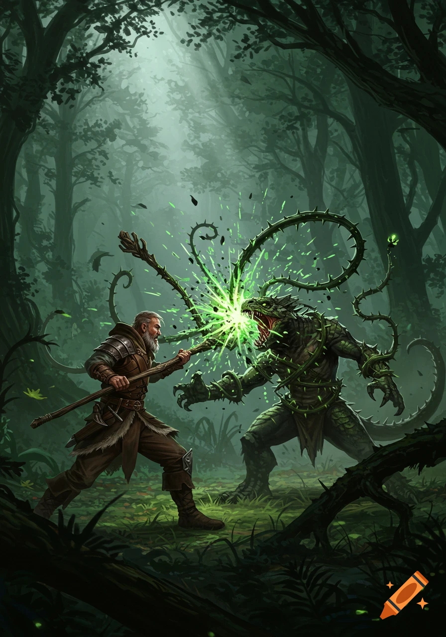 A bearded ranger strikes a thorny reptilian creature with a staff in a misty forest, creating a burst of green energy and vines.
