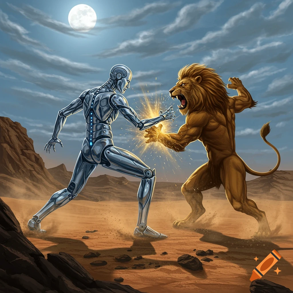 A silver robot and a muscular lion-man fight in a desert under a full moon, sparks flying between their hands. Detailed illustration.