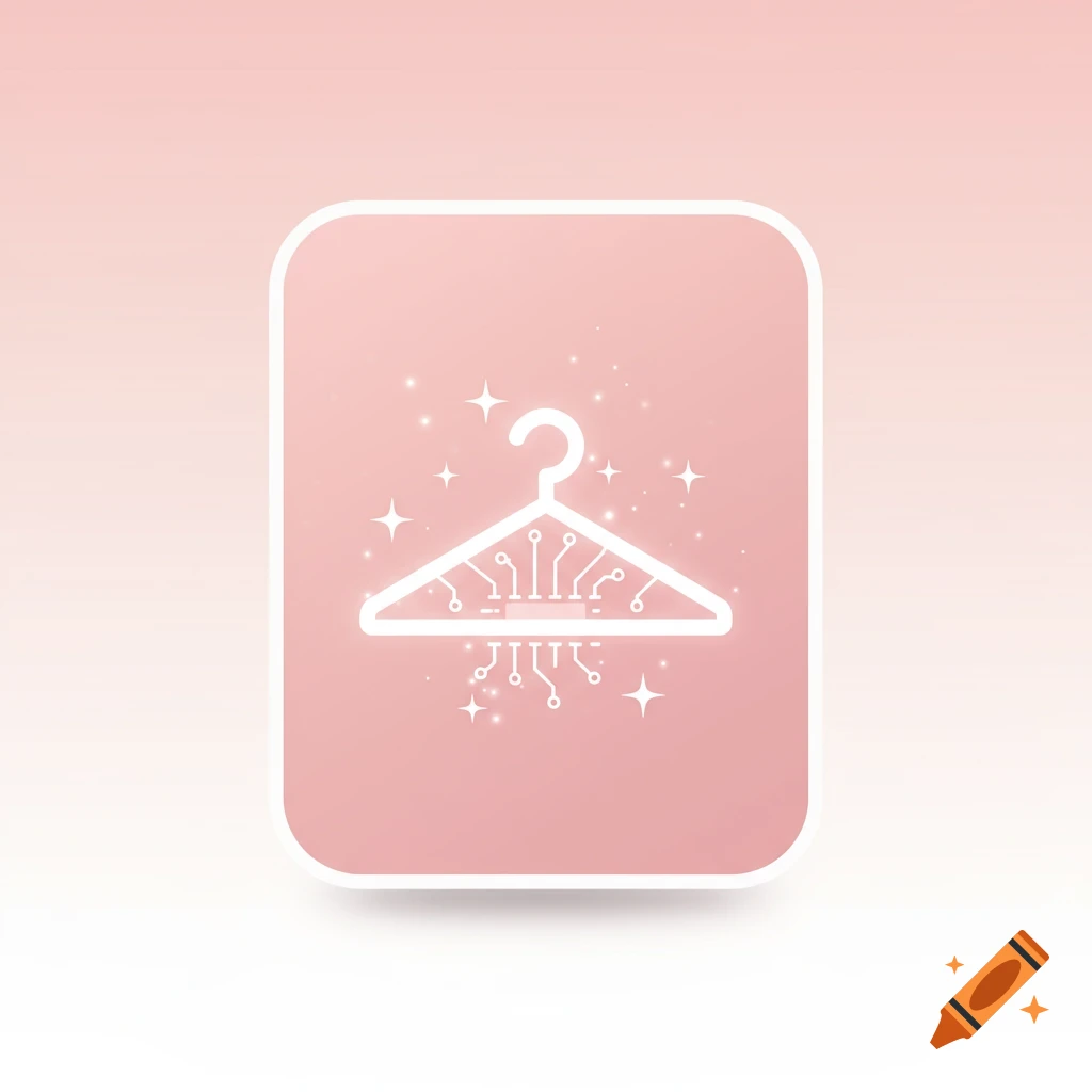 A minimalist app icon featuring a white, glowing hanger with circuit board elements and sparkles on a soft pink rounded square.