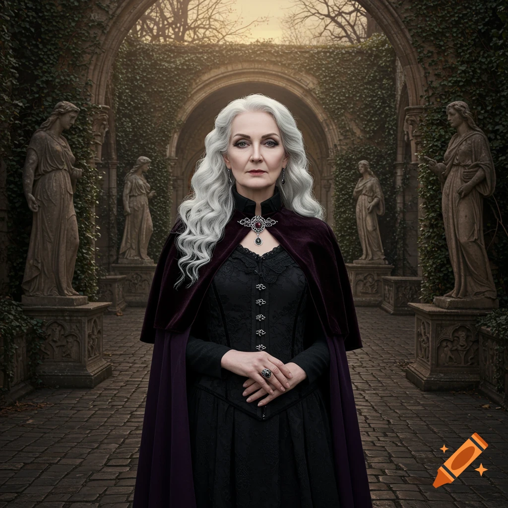 A solemn, older woman with long white hair in a black gown and purple cape stands in a dark, ivy-covered gothic archway with statues.
