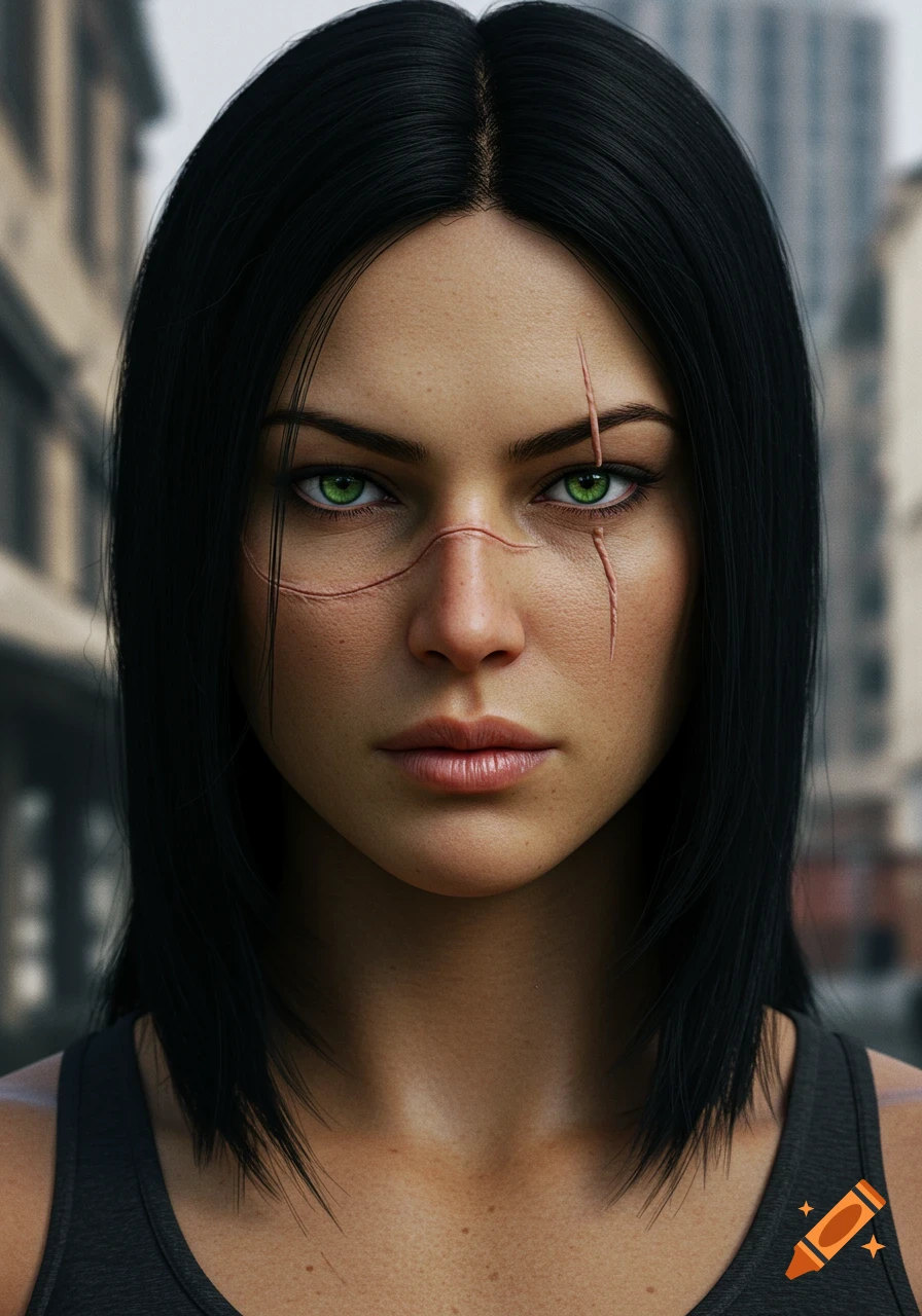 Photorealistic portrait of a woman with black hair, vivid green eyes, and distinct facial scars across her nose and left eye.