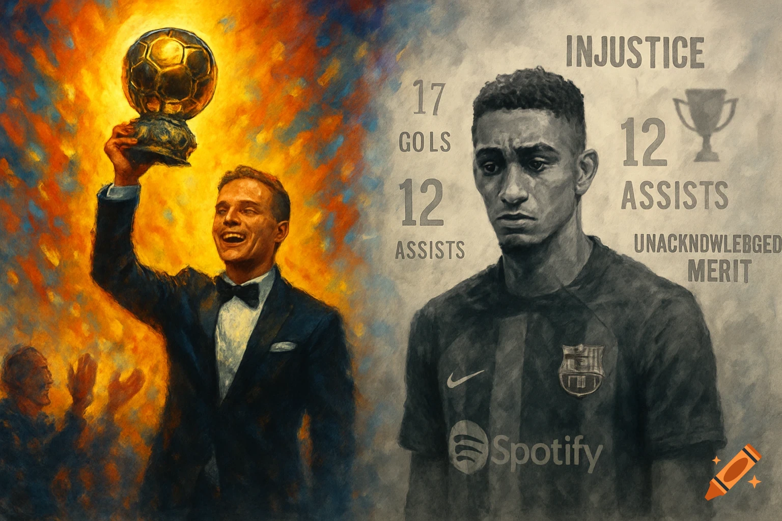 A stylized painting split into two halves. On the left, a man in a tuxedo joyfully lifts a golden soccer trophy amidst bright, fiery colors. On the right, a somber Raphinha in a FC Barcelona jersey stands in muted tones, with text "17 GOLS", "12 ASSISTS", "INJUSTICE", and "UNACKNOWLEBGED MERIT" next to him.