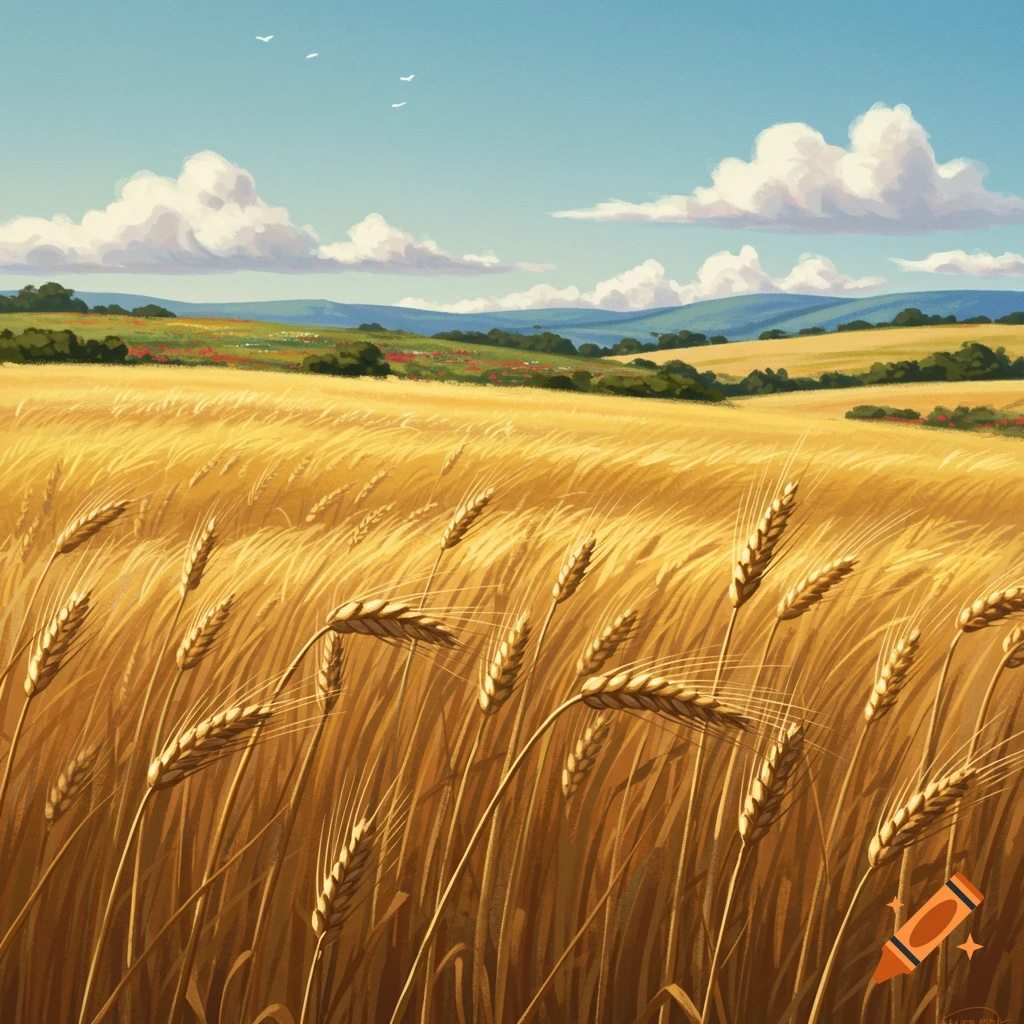 A vibrant illustration of a golden wheat field under a blue sky with fluffy white clouds and distant green hills.