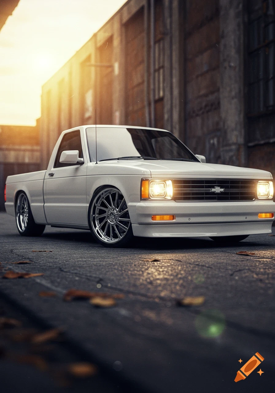 Photorealistic low-angle view of a white 1991 Chevy S10 pickup truck with custom chrome wheels, parked on a street at sunset.