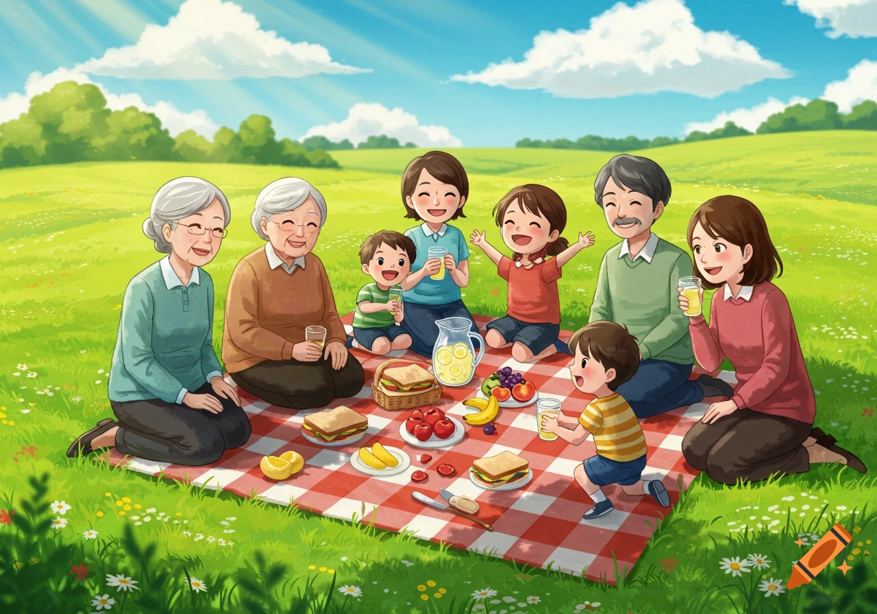 An illustrated multi-generational family enjoys a sunny picnic on a red and white checkered blanket in a green meadow.