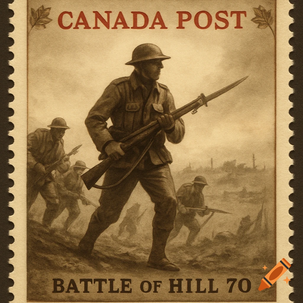 A sepia-toned commemorative stamp depicting World War I soldiers advancing with rifles. Text reads 'CANADA POST' and 'BATTLE OF HILL 70'.