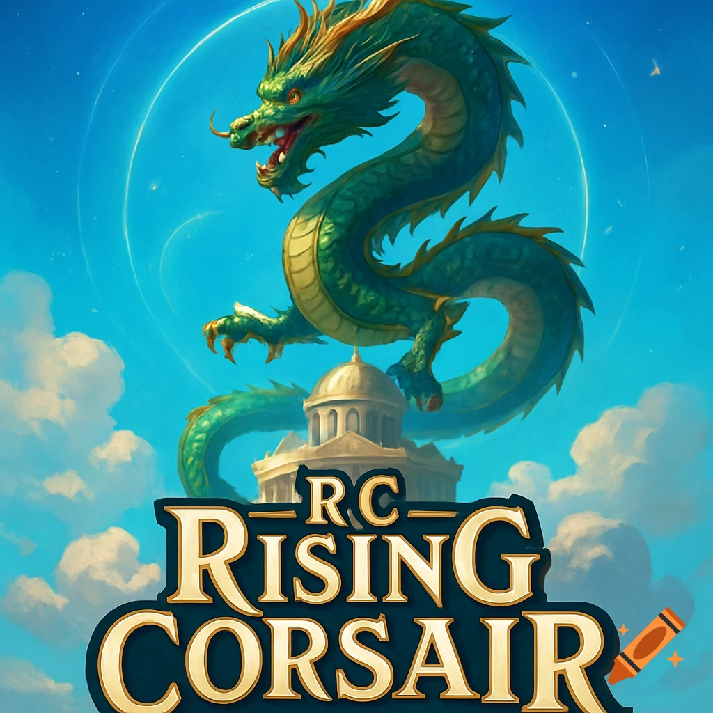 A majestic green and gold dragon spirals above a white temple against a blue sky, with 'R.C. RISING CORSAIR' text below.