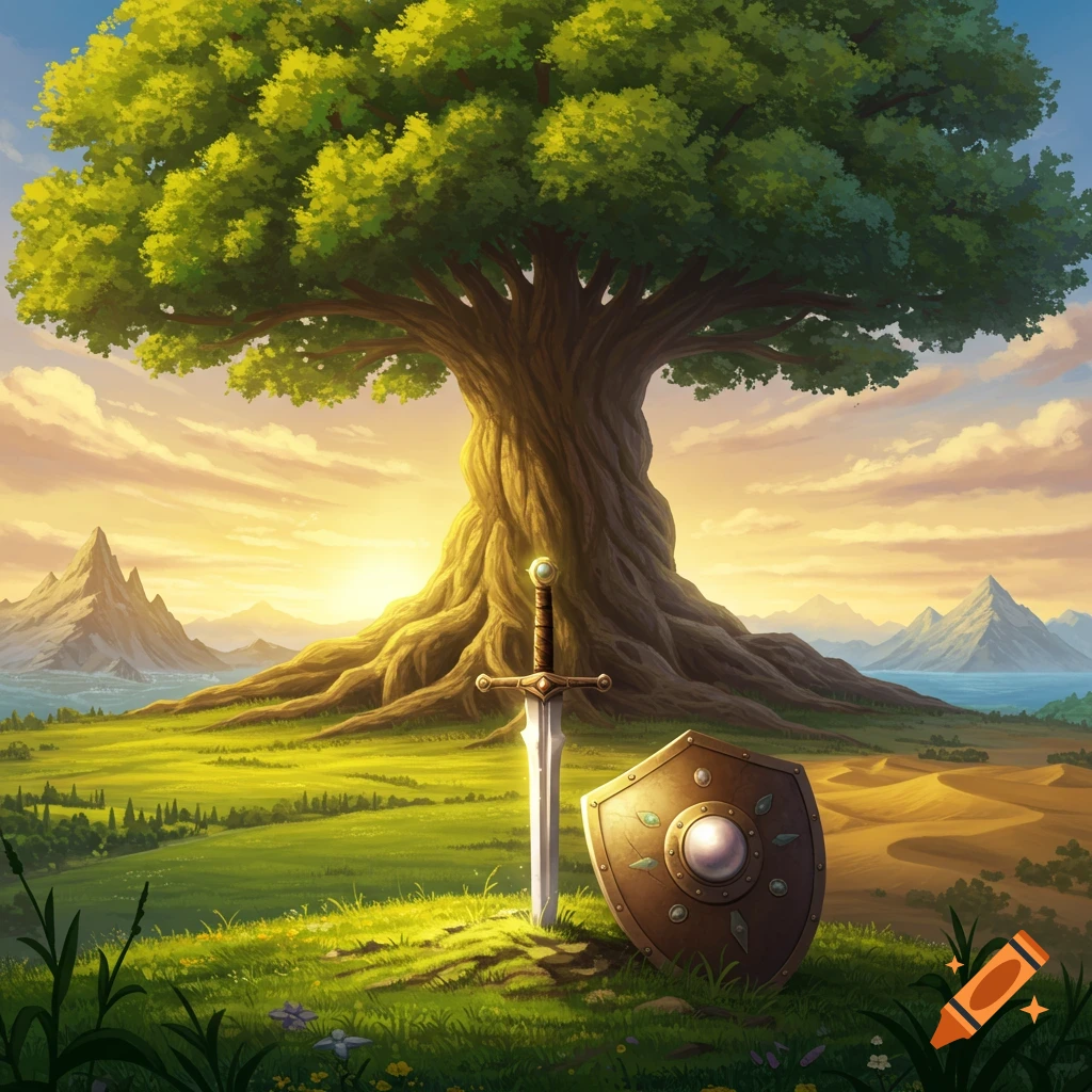 A majestic, gnarled tree dominates a vibrant green field with a sword and ornate shield planted in the grass. A sunset illuminates distant mountains and water.