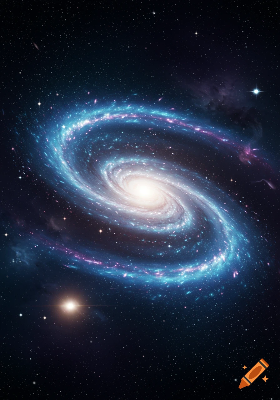 A vibrant spiral galaxy with blue and purple arms swirling around a bright white core in a dark, star-filled space.