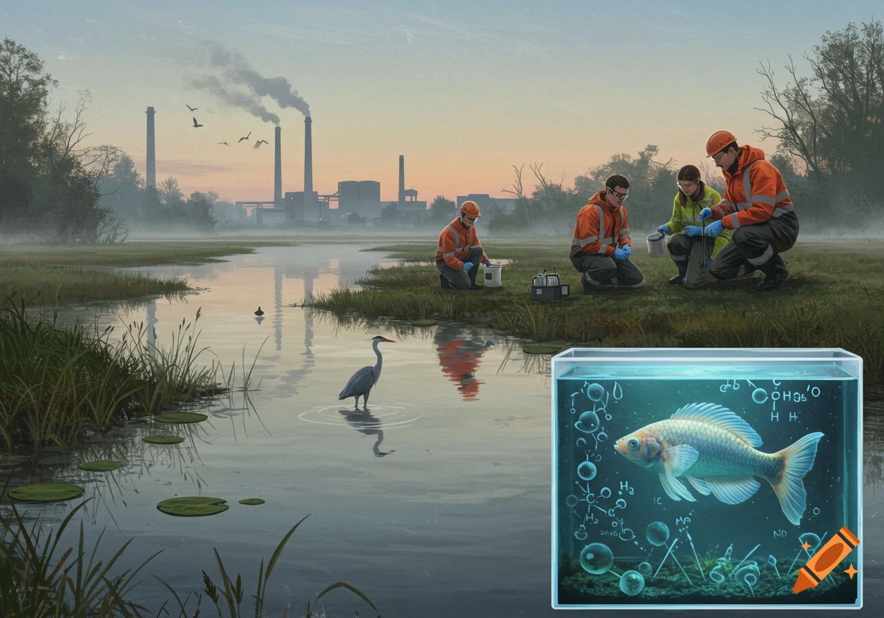 Environmental scientists test water in a wetland near a factory; a heron stands in the water. A fish swims in a tank with chemical symbols overlaid.