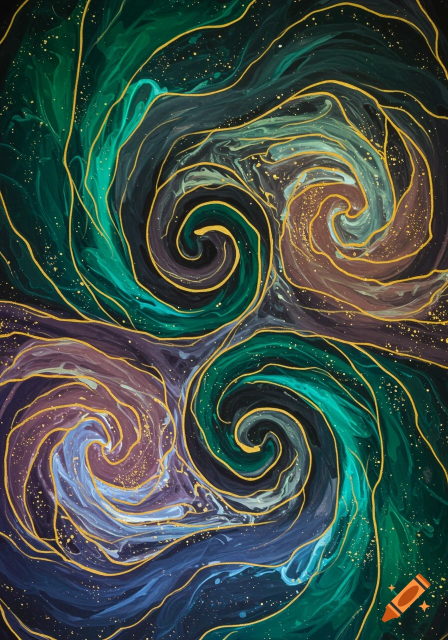 Abstract painting with swirling patterns in green, blue, purple, and brown, accented with thin gold lines and gold speckles.