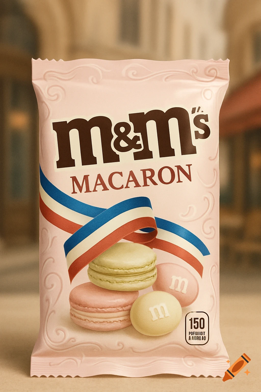 Pink M&M's macaron candy bag with a French flag ribbon and macarons.