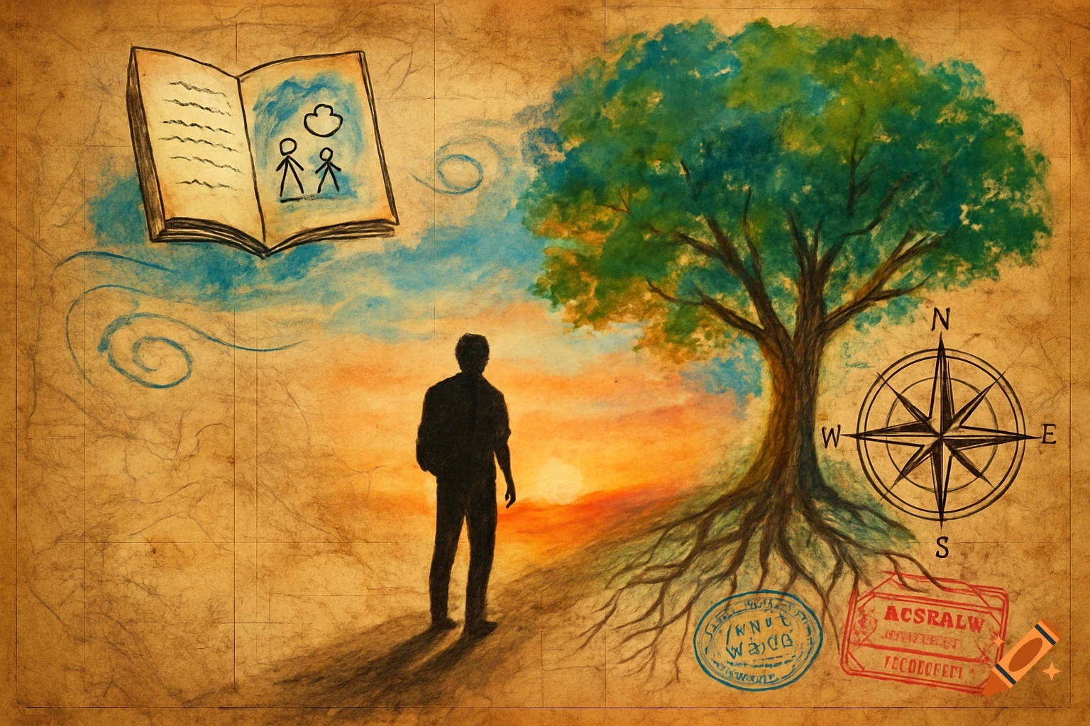 Stylized illustration on textured paper of a person's silhouette facing a sunset, a large tree, an open book, and a compass rose.