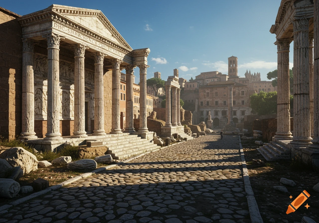 A photorealistic reconstruction of the Roman Forum with a grand temple, towering columns, and a cobblestone path under a clear blue sky.