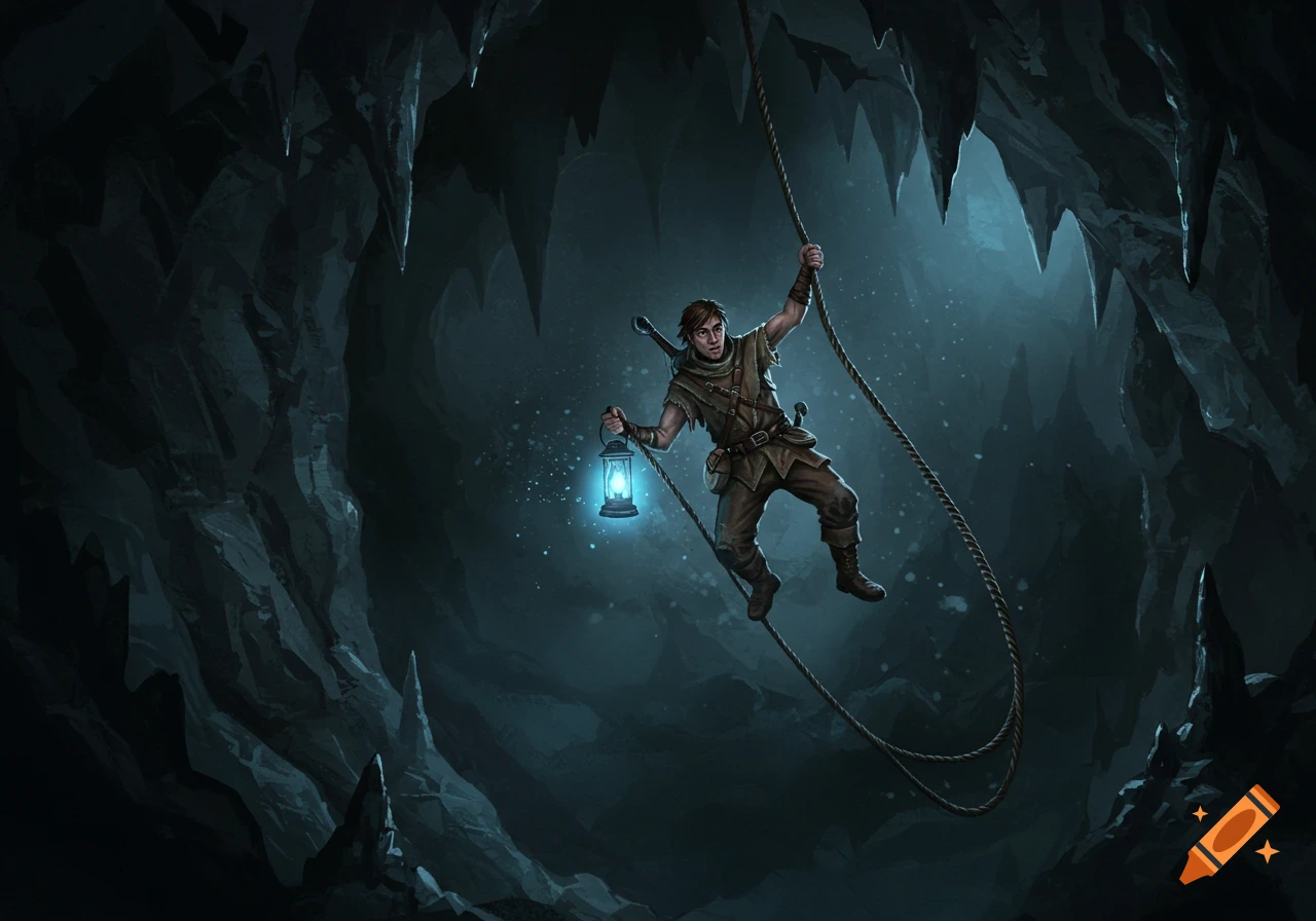 A lone adventurer descends into a dark cave, holding a glowing blue lantern and clinging to a rope. Fantasy art style.