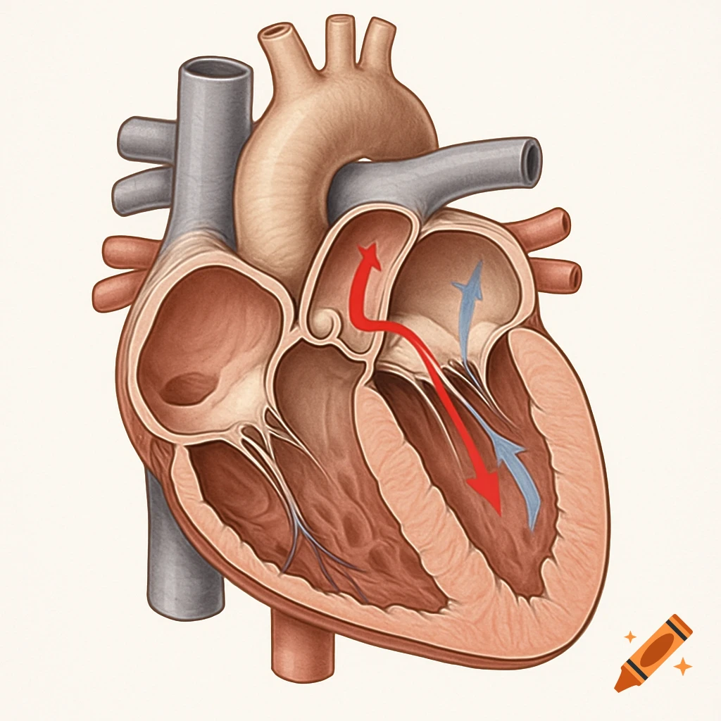 Detailed anatomical schematic of a human heart, showing chambers, valves, and blood flow indicated by red and blue arrows.
