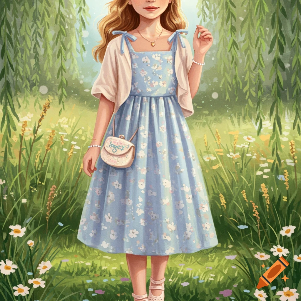 An illustrated girl in a blue floral dress and cardigan stands in a field of wildflowers under willow trees.