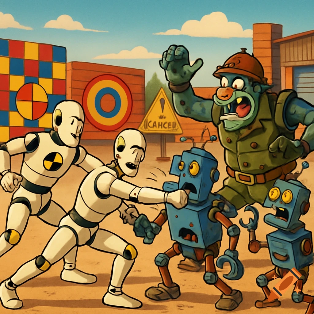 Cartoon crash test dummies, robots, and a green creature fighting in a car crash testing area under the afternoon sun.
