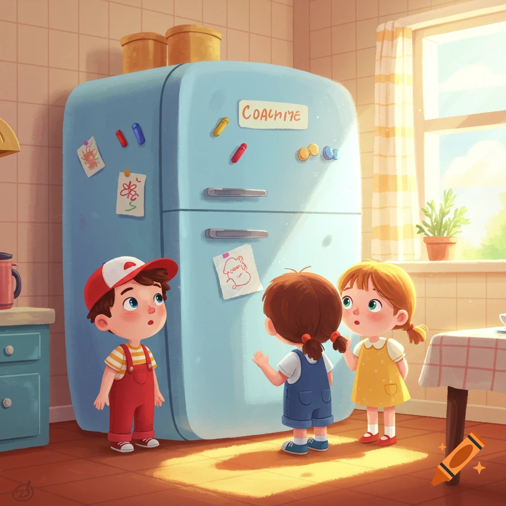 Cartoon of three young children standing in a sunlit kitchen, looking at a light blue refrigerator decorated with magnets and drawings.
