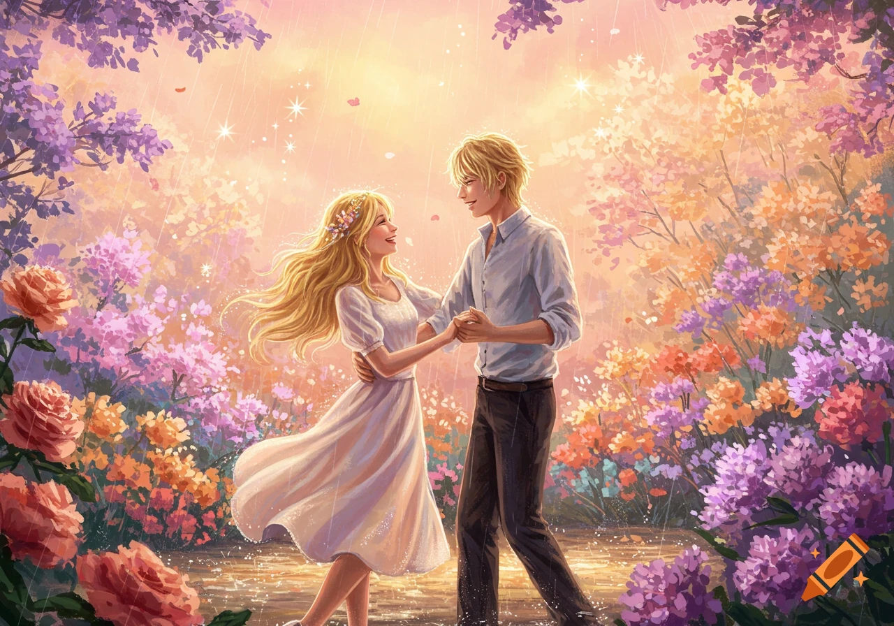 Illustrated blonde couple dancing happily in a magical, sparkling rain-filled garden with pastel flowers.