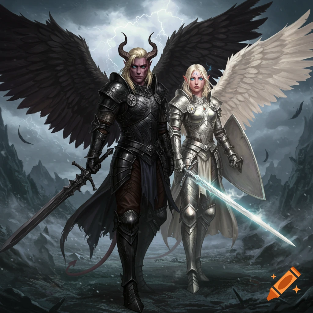 Two fantasy warriors, one with black demon wings and dark armor, the other with white angel wings and silver armor, stand in a stormy landscape.