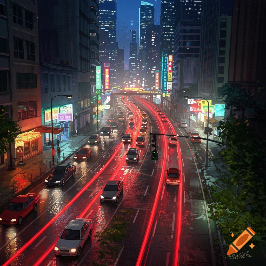 A busy city street at night, with heavy traffic and glowing red light trails. Tall buildings and neon signs illuminate the scene.