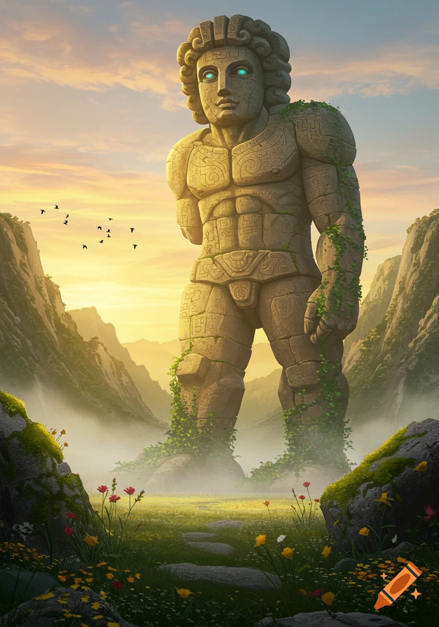 A colossal ancient stone statue with glowing eyes stands in a misty mountain valley filled with wildflowers under a sunrise sky.