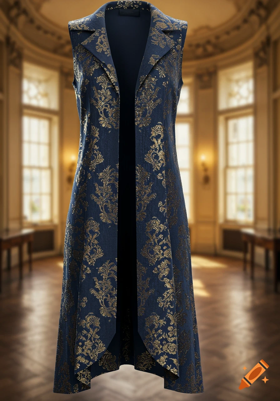 Long sleeveless blue vest with gold damask patterns in a blurred opulent room background.