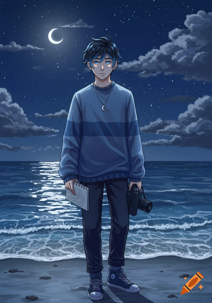 Anime illustration of a blue-haired boy with blue eyes, wearing a blue sweater and moon necklace, standing on a beach at night, holding a sketchbook and camera.