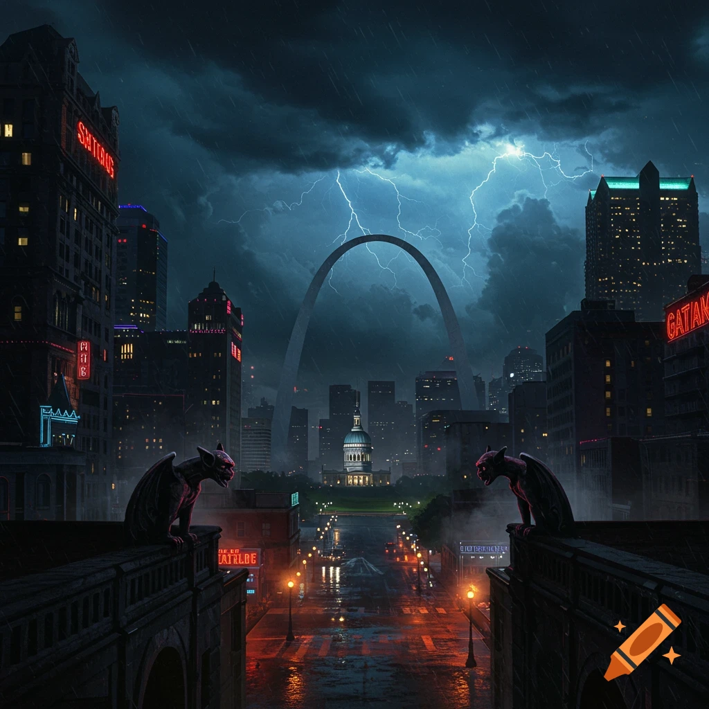 A dark, stormy cityscape like Gotham with lightning over the Gateway Arch, gargoyles on ledges, and glowing streetlights.