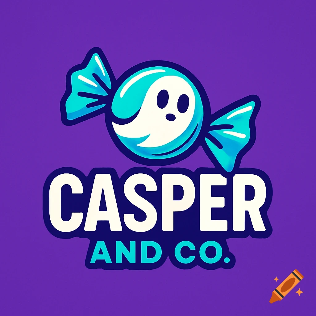 A cartoon logo features a white ghost-like candy in a blue wrapper, above the words "CASPER AND CO." on a purple background.