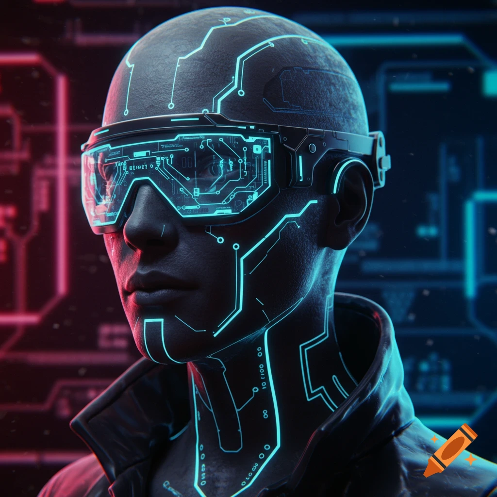 A futuristic digital avatar with glowing blue circuit lines on a dark head and high-tech visor, against a neon background.