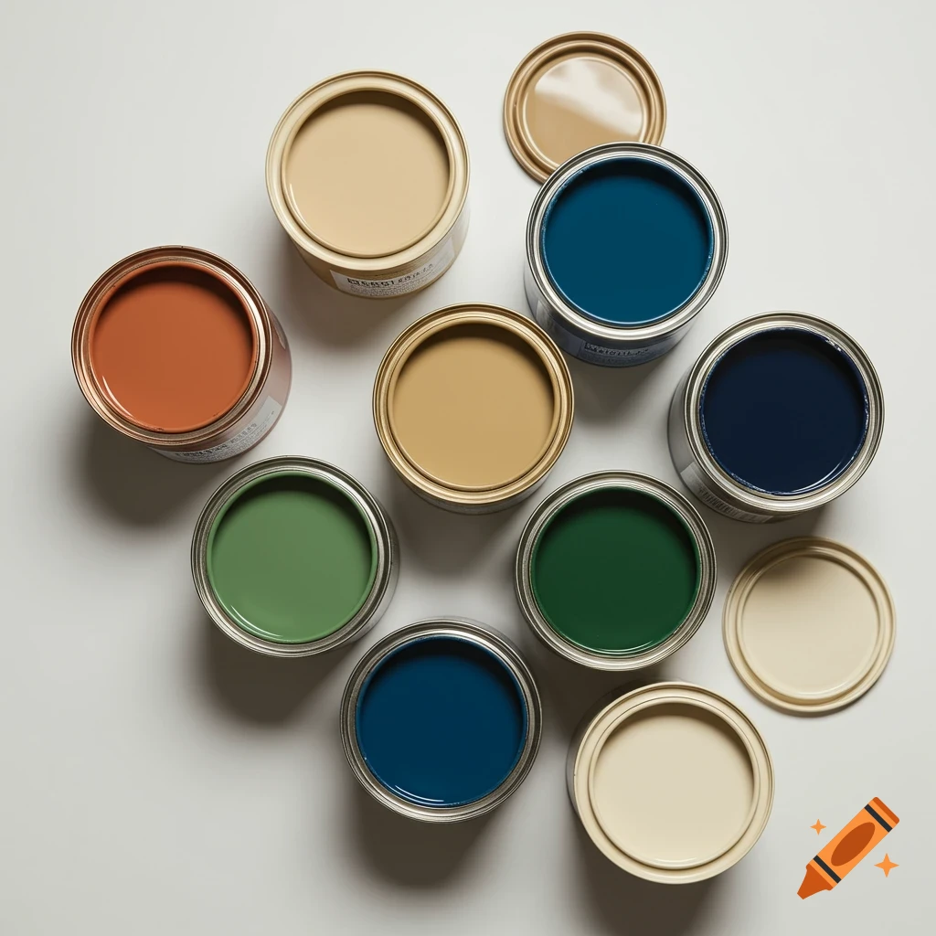 Top-down view of seven open paint cans filled with various shades of brown, green, and blue paint.