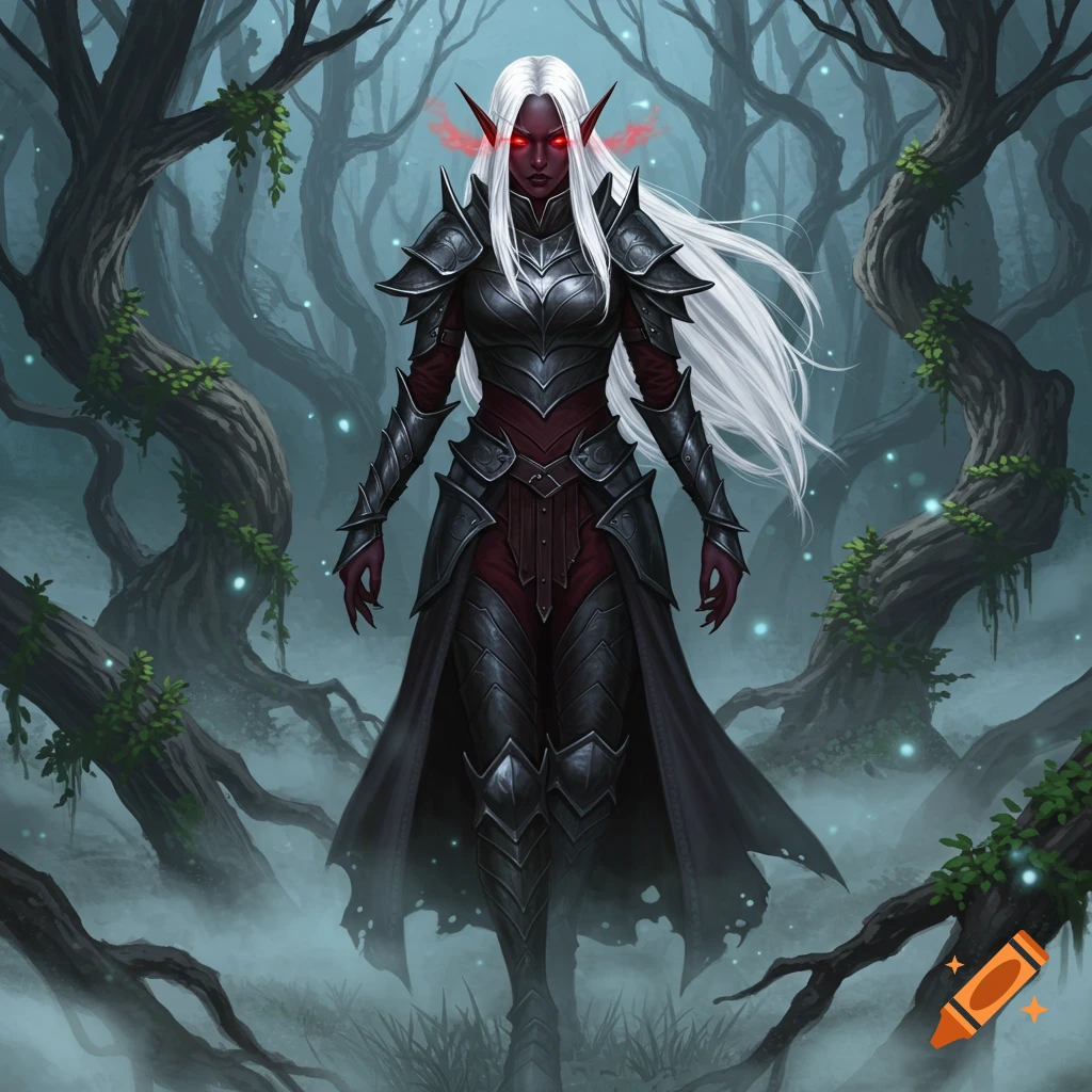 A dark elf woman with dark skin, white hair, and glowing red eyes wears black armor and a cloak in a misty, gnarled forest.