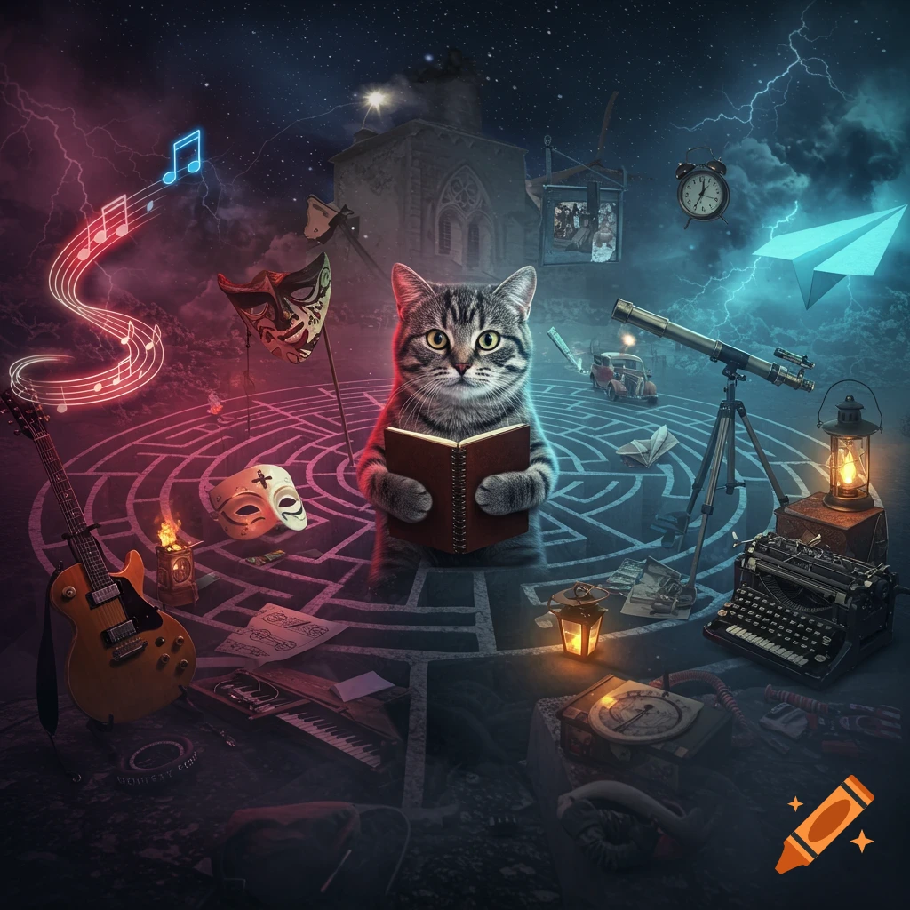 A tabby cat reads a book in a surreal, magical labyrinth scene with lightning, musical notes, masks, a guitar, and a telescope.