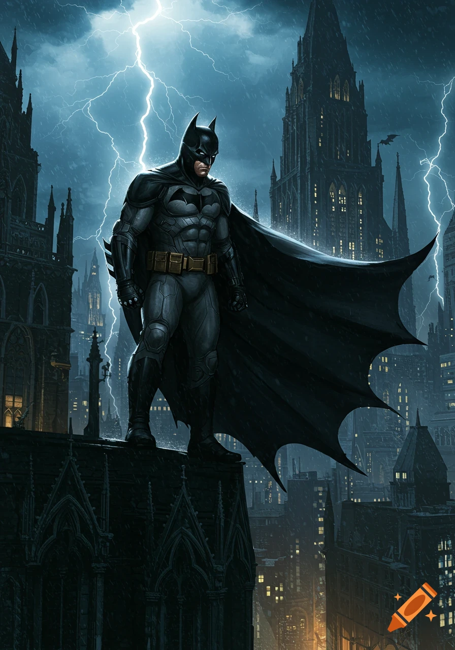 Batman stands on a gothic rooftop in a stormy city with lightning in the background, a dark cape flowing behind him.