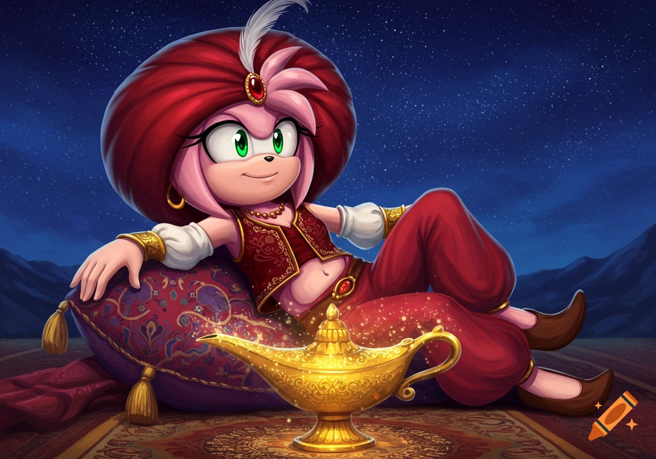Amy Rose as a genie, reclining on a cushion beside a magic lamp under a starry night sky. Digital painting.