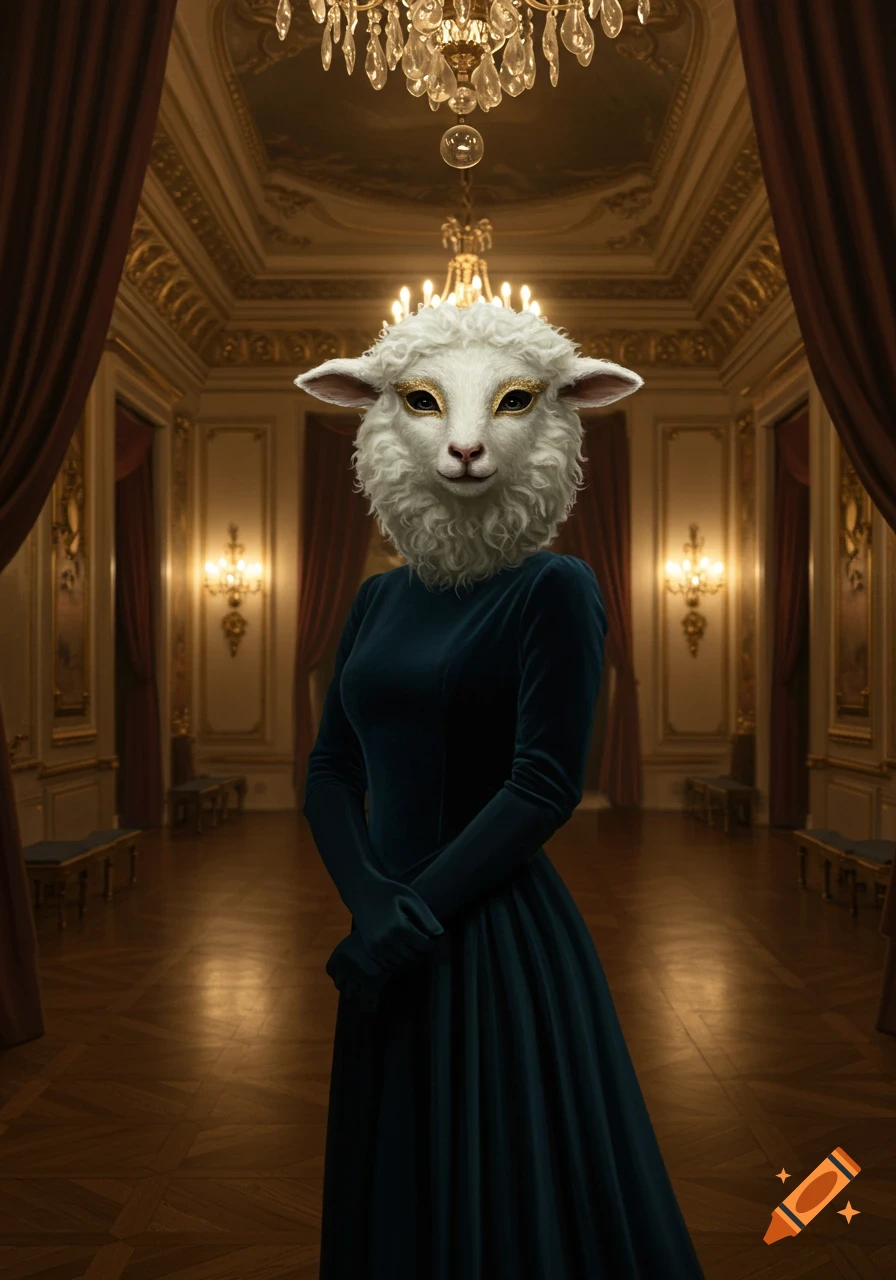Photorealistic image of a woman in a dark blue velvet dress with a detailed lamb's head, standing in an ornate ballroom.