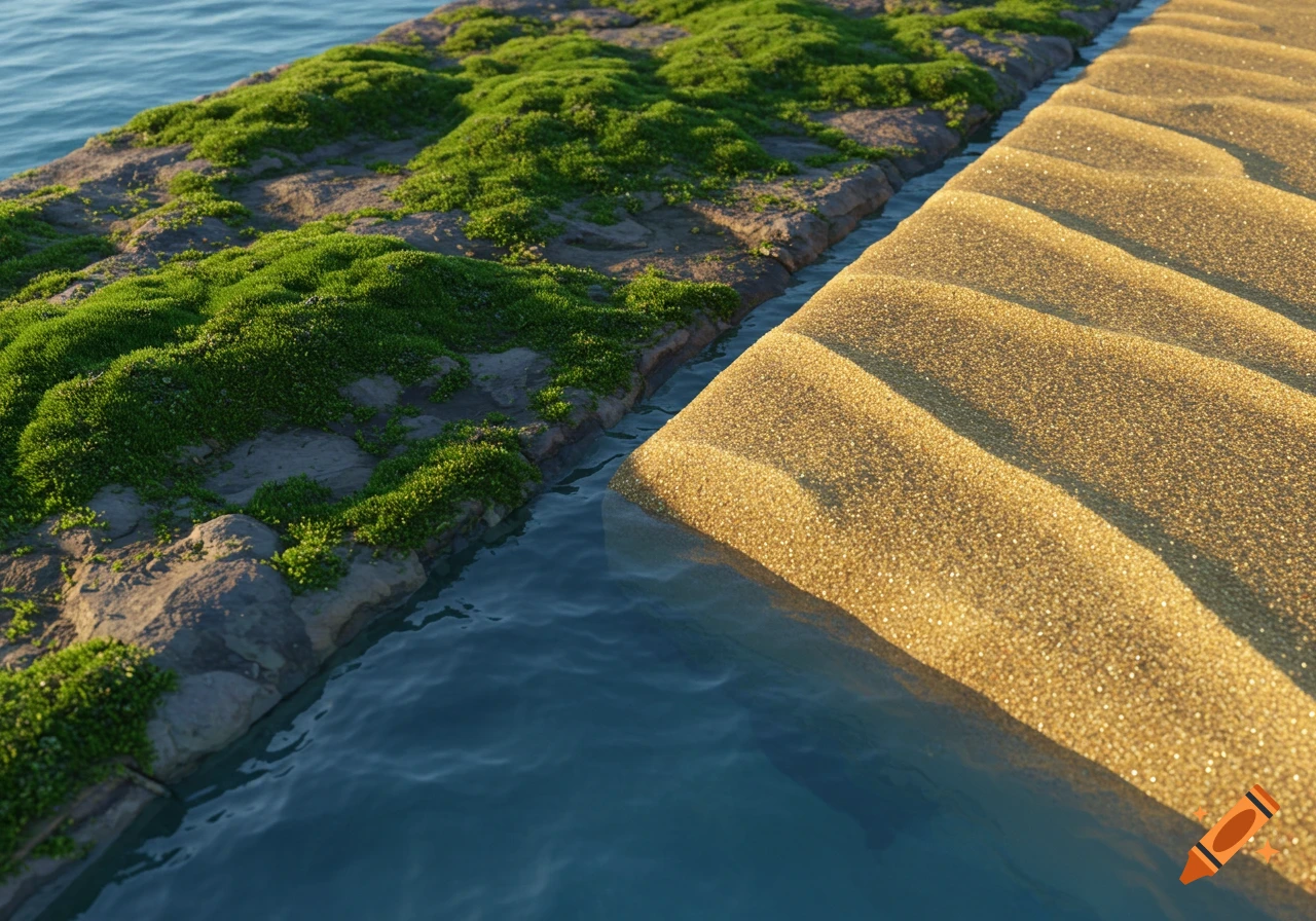 Photorealistic close-up of mossy rocks, rippled golden sand, and calm blue water meeting.