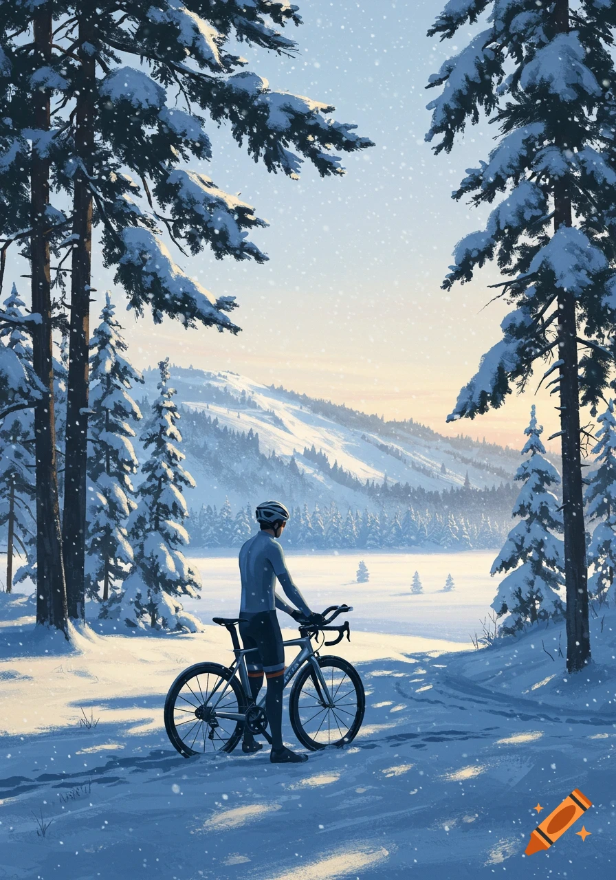 An illustrated image of a cyclist standing with their road bike in a serene, snowy mountain landscape with pine trees during sunrise.