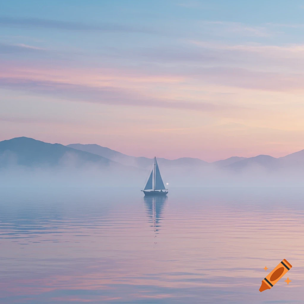 A sailboat glides on calm water with misty mountains in the background under a pastel sky at sunset.