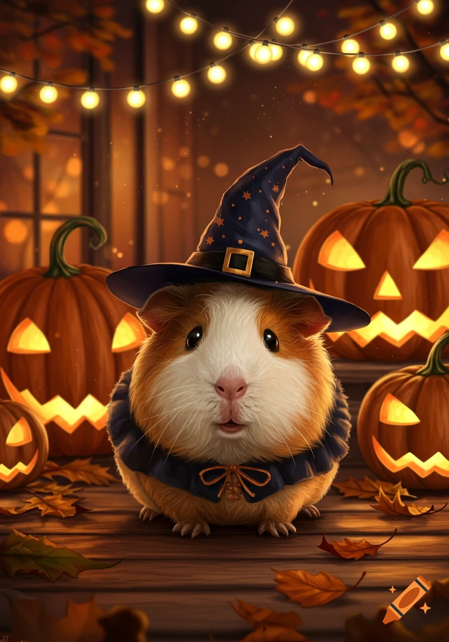 A cute guinea pig in a witch hat and costume, surrounded by glowing jack-o'-lanterns and autumn leaves under string lights.